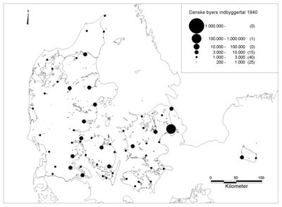 Kort over antal byer og deres størrelse i 1840