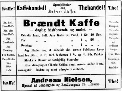 Annonce for Andreas Nielsens kaffe og thehandel, 1885
