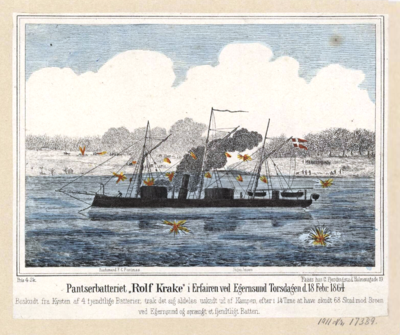 Panserskibet Rolf Krake afbilledet ved Egernsund 1864.