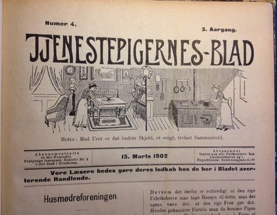 Forside af Tjenestepigernes Blad, der blev udgivet af Københavns Tjenestepigeforening. Her maner illustrationen til sammenhold mellem forskellige slags tyende, så standen kan opnå flere rettigheder, blandt andet bedre arbejdsforhold og valgret. Foto: danmarkshistorien.dk.
