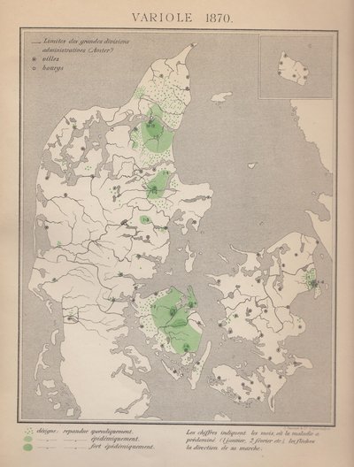 Kort over koppeepidemier i 1870, hvor der var epidemiudbrud omkring Aalborg, ved Randers, på Fyn og i København