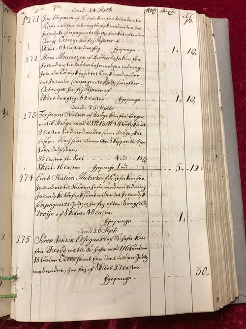 En side i regnskabsprotokollen fra 1731. Torstinus Nielsens indførsel kan ses midt på siden.