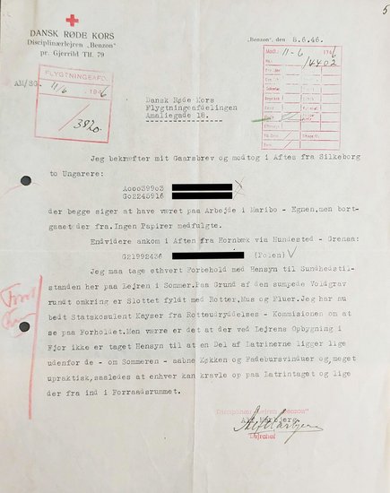 Det originale brev fra Benzon Gods til Dansk Røde Kors' flygtningeafdeling