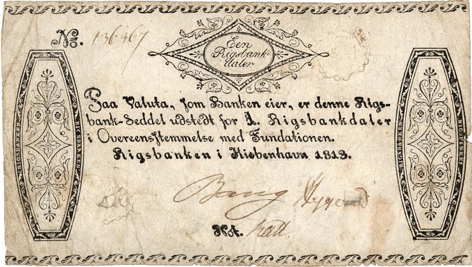 A rigsbankdaler banknote issued by the newly established Rigsbank (Danish central bank) in 1813