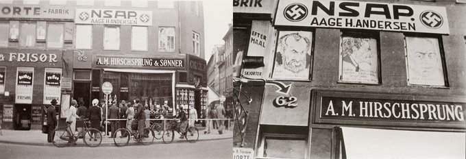 Antisemitiske plakater i vinduet på NSAP's partilokale