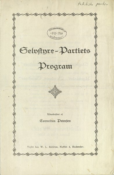 Forsiden af Selvstyrepartiets partiprogram fra 1924