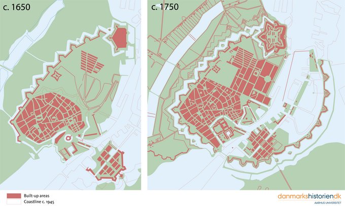 Plans of Copenhagen in 1650 and 1750