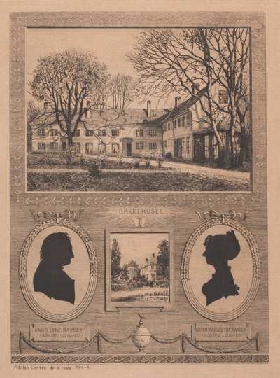 Bakkehuset og silhuetter af Kamma Rahbek og hendes mand Knud Lyne Rahbek