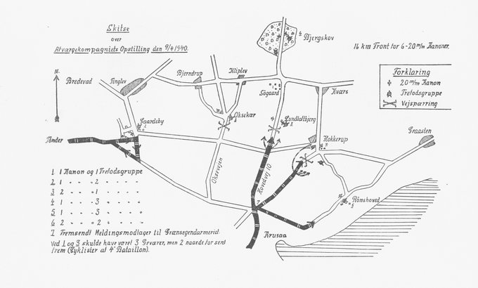 Skitse over den danske hærs placering omkring Søgaard Kasserne 9. april 1940