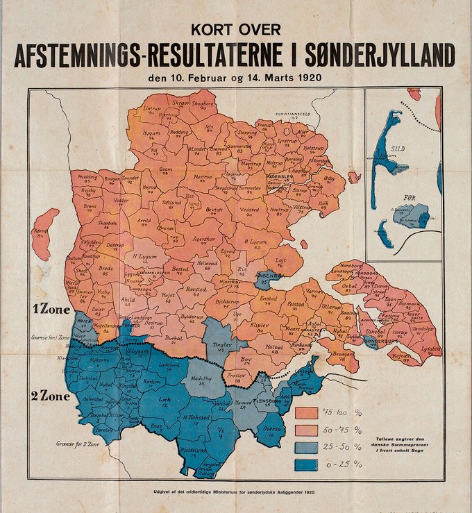 Map showing the percentages of pro-Danish votes in the 1920 referendums