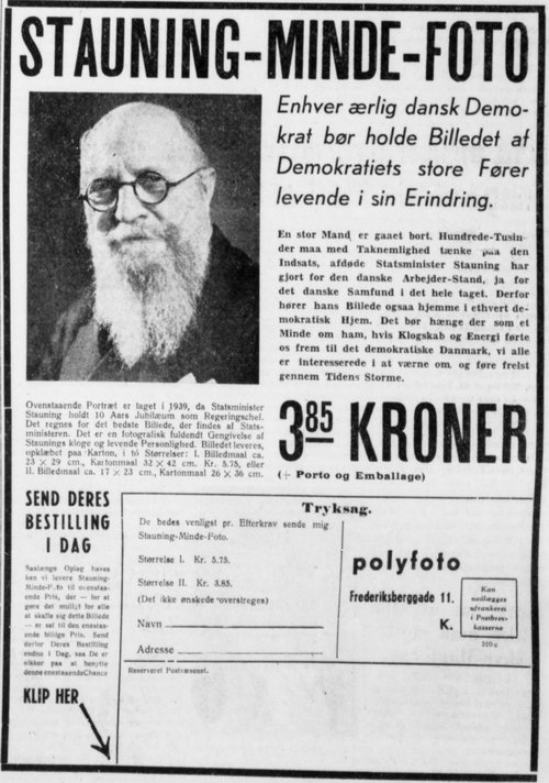 Klip-ud bestilling til minde-foto af Stauning