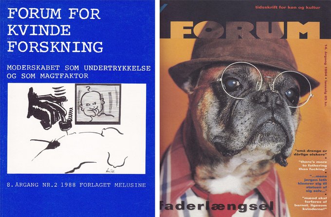 To forsider af KVINFOS tidsskrift 'FORUM for kvindeforskning'.