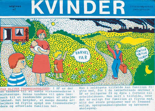 Illustration hvor mor og børn siger farvel til deres far