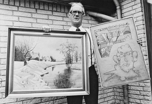 Peter Rindal med et traditionelt og et moderne abstrakt maleri