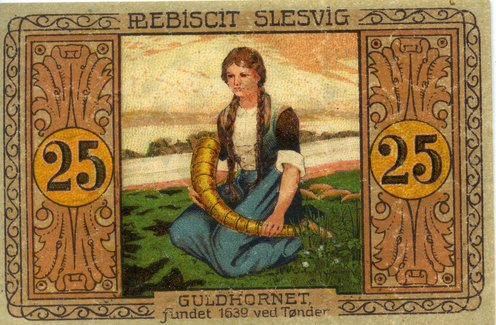 Nødpengeseddel med motiv af guldhornet, der blev fundet af en pige på Tønder-egnen i 1639
