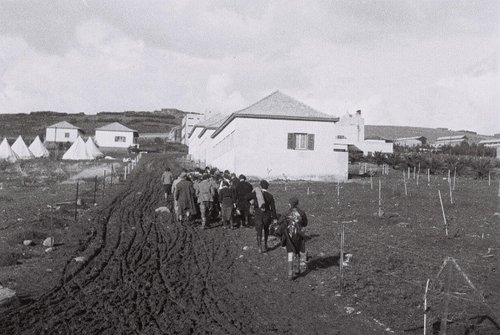 Nyankomne unge fra den tyske organisation Jugend Alijah, der blev oprettet efter den nazistiske magtovertagelse i 1933, på vej ind i kibbutzen Ein Harod i Palæstina, februar 1934