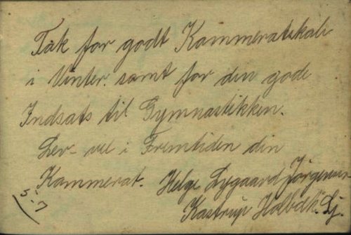 En side fra det jødiske flygtningebarn Frank Meissners poesibog, hvorpå der står Tak for godt Kammeratskab i Vinter samt for den gode indsats i Gymnastikken. Lev vel i Fremtiden