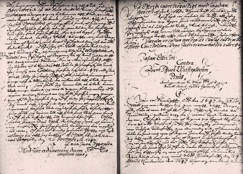 Scanning af side fra dombogen for Kongens Retterting i 1647.