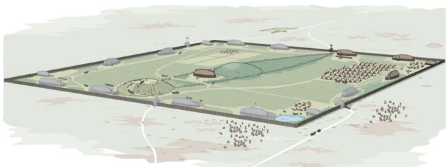 Forslag til, hvordan monumentkomplekset i Jelling kan have set ud omkring år 970
