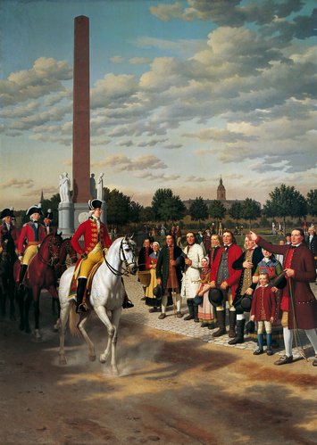 Christian 7. og den senere Frederik 6. rider forbi Frihedsstøtten