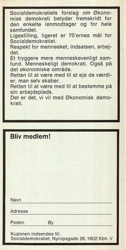 Bagsiden af Socialdemokratiets pjece om økonomisk demokrati