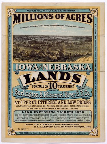 Reklame for præriejord til salg i Iowa og Nebraska
