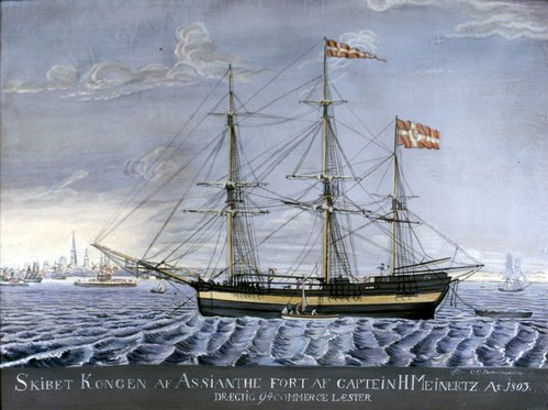 Slaveskibet ”Kongen af Assianthe” på Københavns red 1803. Gouache af C. C. Parnemann. (Museet for Søfart).