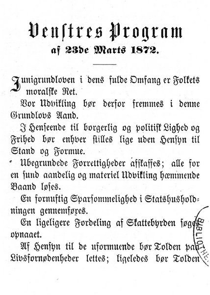 Forsiden af Venstres partiprogram fra 1872