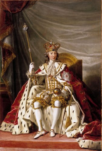 Christian 7. iklædt salvingsdragt og kronregalier.