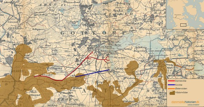 Kort over Dannevirkes forsvarsvolde og vådområderne