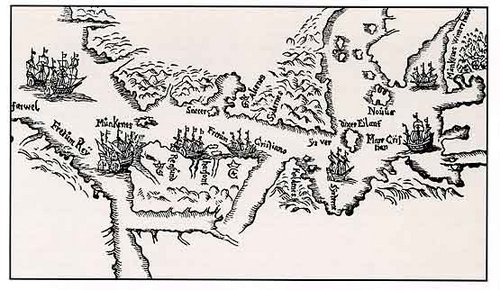 Jens Munks håndtegnede kort over området fra Kap Farvel (Grønland) til Hudson Bay (Canada) set fra nord