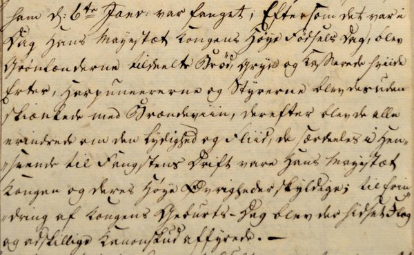 Koloniassistent Arøes dagbogsnotat i forbindelse med fejringen i Holsteinsborg (Sisimiut) af Christian 7.s fødselsdag den 29.januar 1788