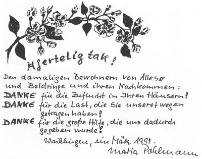 Maria Pohlmann slutter sine erindringer om opholdet i Allesø med denne illustration, hvor hun skriver