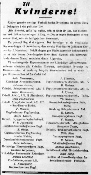 Annoncen med opfordring til kvinder om at stemme ja til salget af de Dansk Vestindiske Øer, 1916