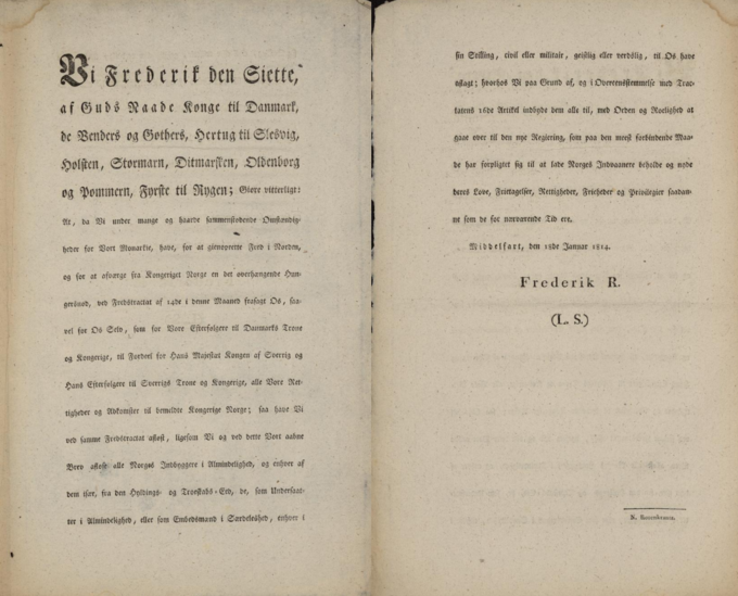 Frederik 6.s brev om Norges afståelse til Sverige, 18. januar 1814