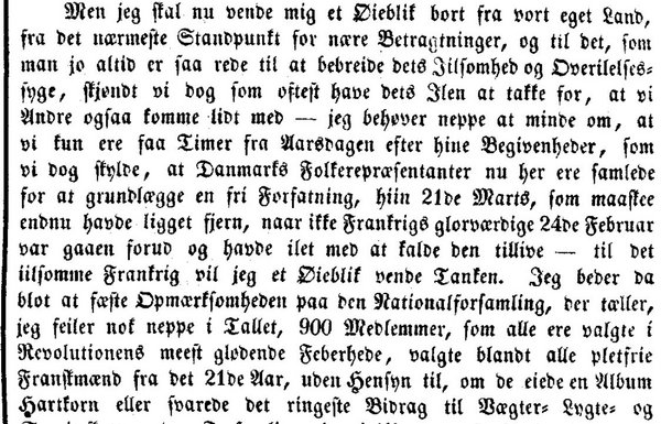 Udklip af Berhard Rées tale fra 'Beretninger om Forhandlingerne paa Rigsdagen' 