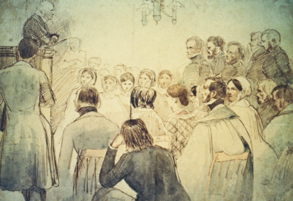 N.F.S. Grundtvig holder foredrag på Borchs Kollegium i 1843