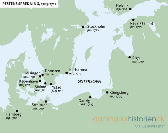 Kort over pestens spredning 1709-1712